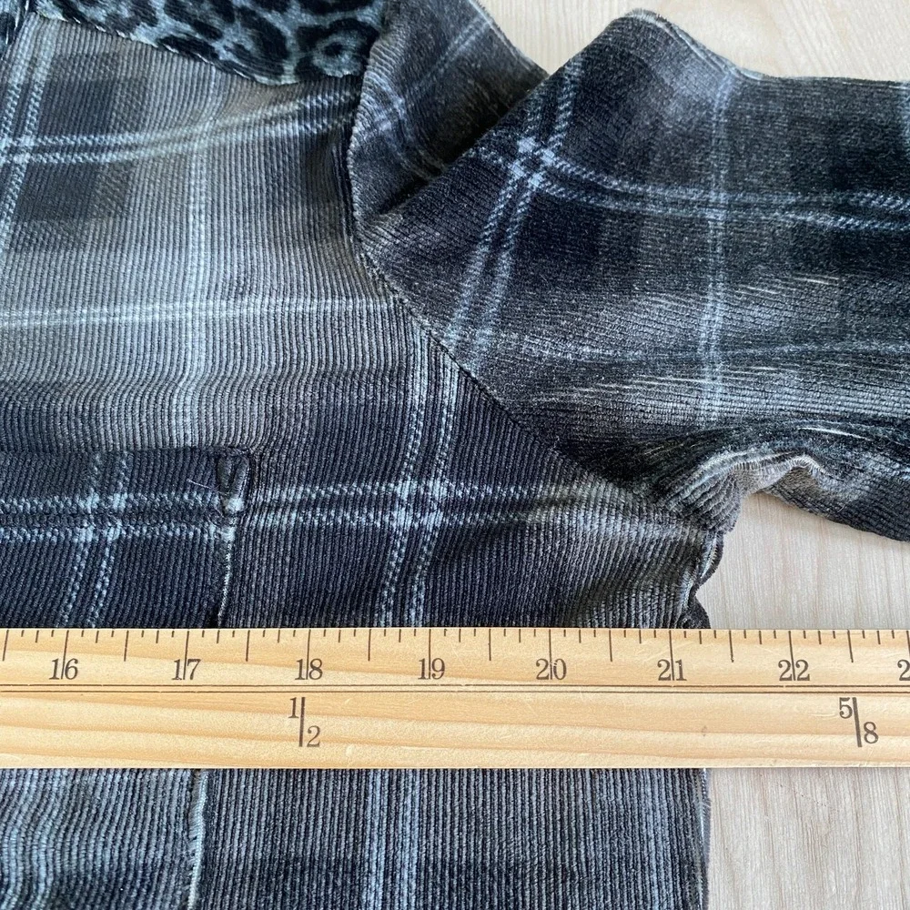 Susan Graver Whimsigoth Corduroy Shirt‎ Women SP Black Plaid Animal Print Trim